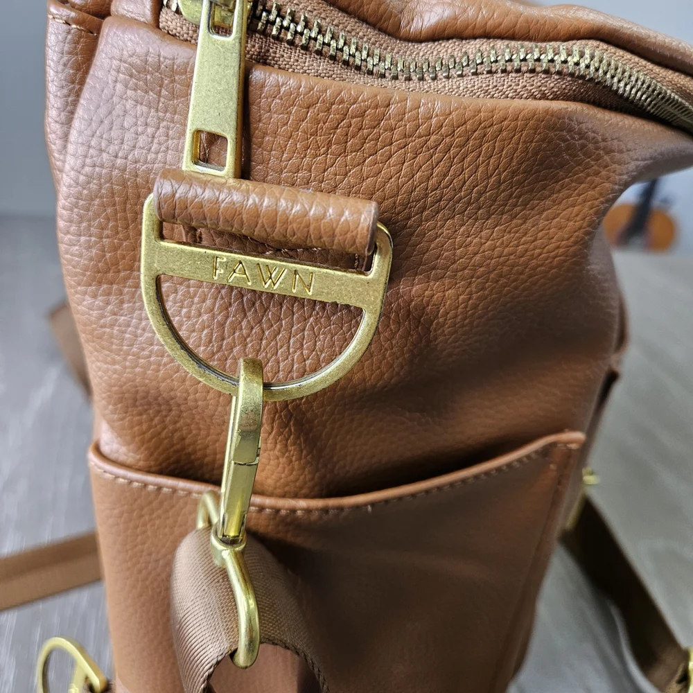 Fawn Design Brown Faux Leather Diaper Bag the Original With Brown Stroller Clips